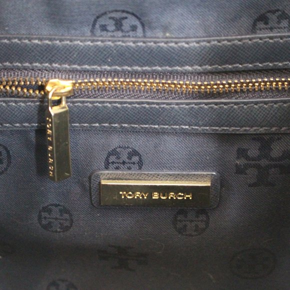 Tory Burch Navy Piper Backpack Woven Blue White Saffiano Leather - Picture 9 of 9